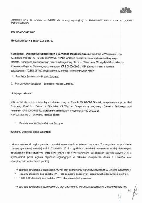 Compensa TU SA VIG -pełnomocnictwo nr 92_P_AO_2017 z dn.12.06.2017