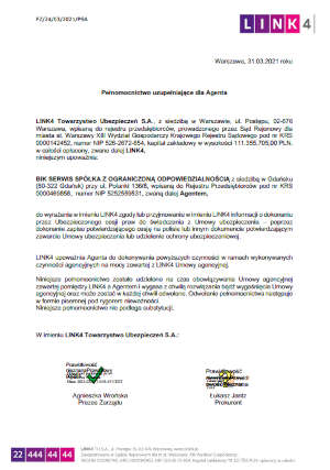 Link4 Towarzystwo Ubezieczeń S.A. Pełnomocnictwo
        uzupełniające dla Agenta z dn. 31.03.2021