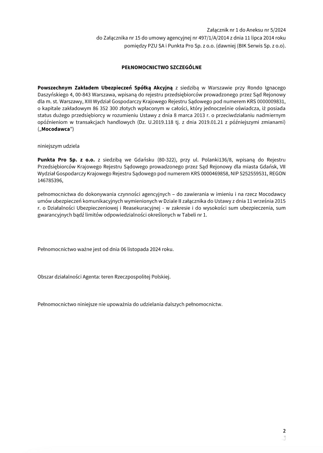 PZU SA - pełnomocnictwo szczegółne Załącznik nr 1 do Aneksu
        nr 5_2024