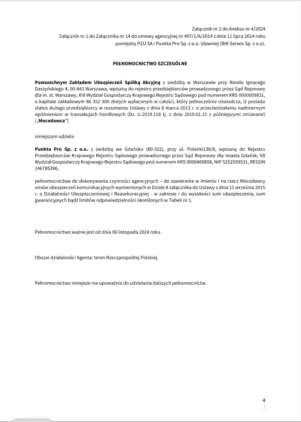 PZU SA - pełnomocnictwo szczególne Załącznik nr 2 do Aneksu
        nr 4_2024