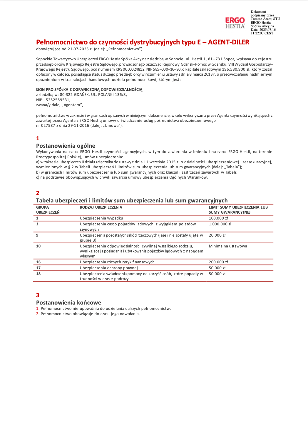 STU Ergo Hestia SA - pełnomocnictwo typu E z dn. 21.07.2025 do umowy agencyjnej nr 027587