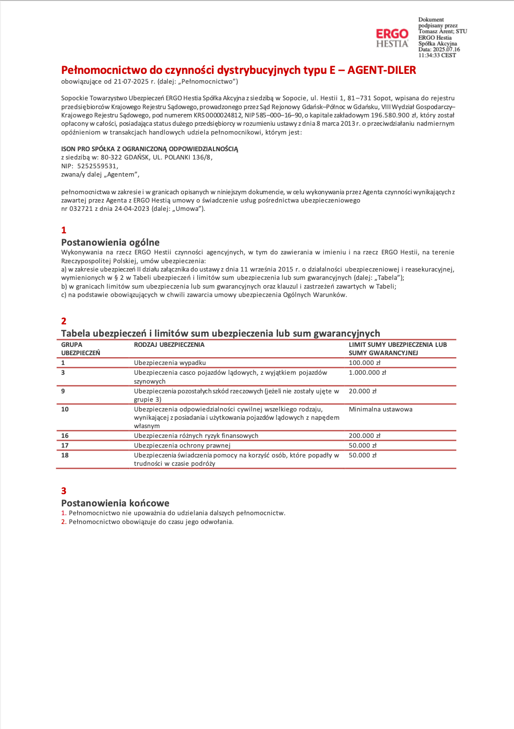 STU Ergo Hestia SA - pełnomocnictwo typu E z dn. 21.07.2025 do umowy agencyjnej nr 032721