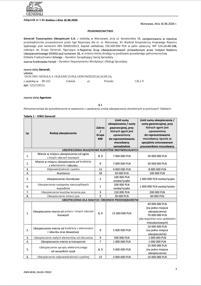 Generali
      TU SA - pełnomocnictwo z dn. 16.06.2026